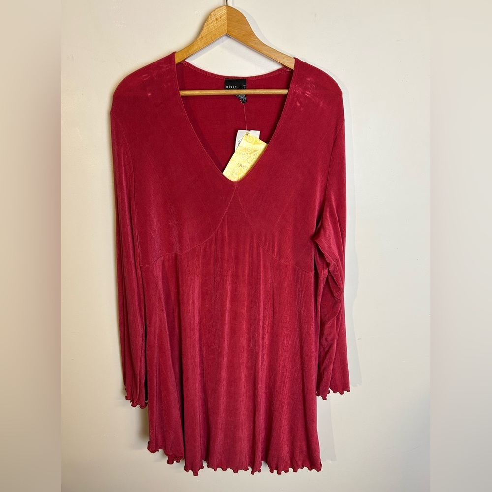 Citiknits Deep Red Long Sleeve Top Blouse Liquid Fabric Stretch Plus Size 2X‎
